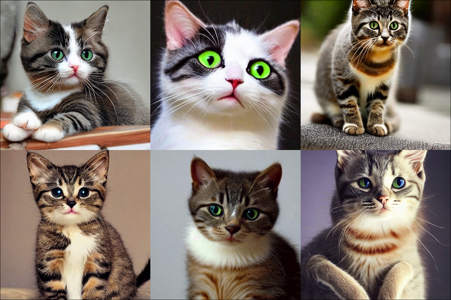 Um painel de 6 imagens de saída do Stable Diffusion usando o prompt "Cute cat".