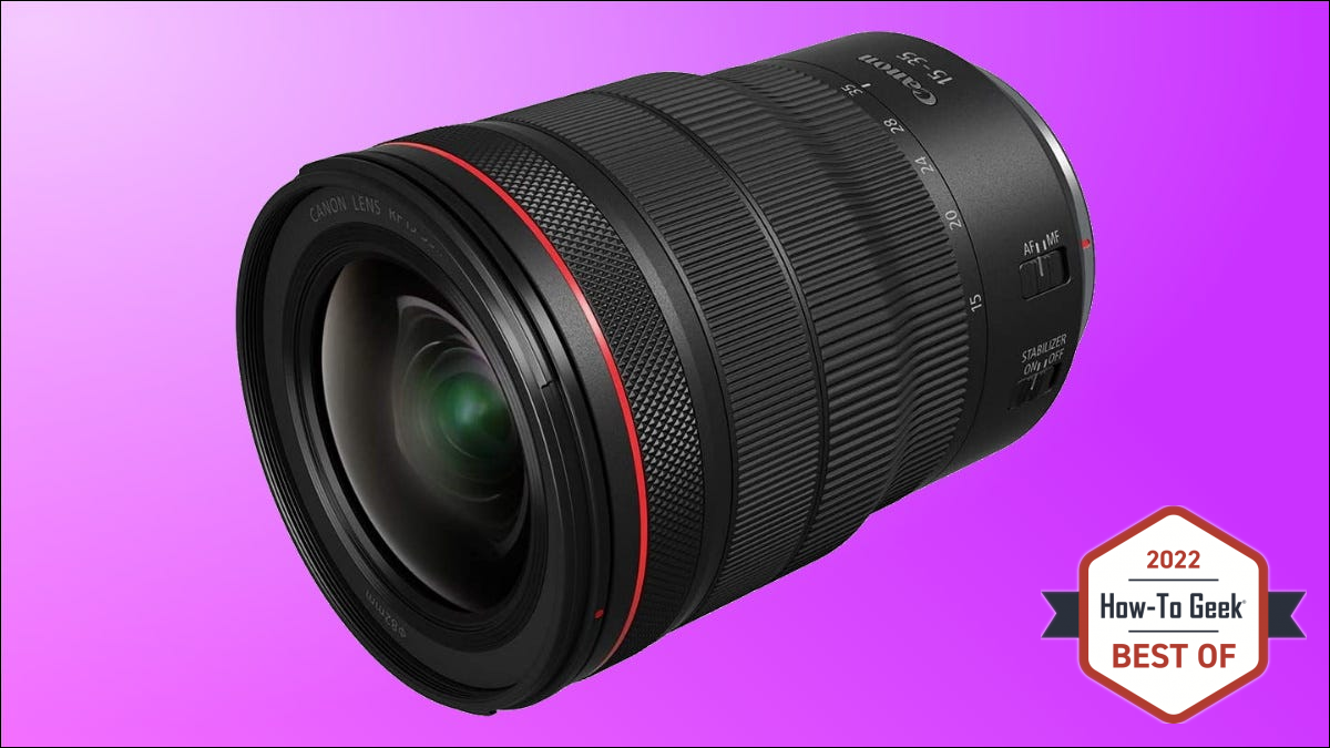 Canon RF 15-35mm F2.8 L IS USM บนพื้นหลังสีม่วง