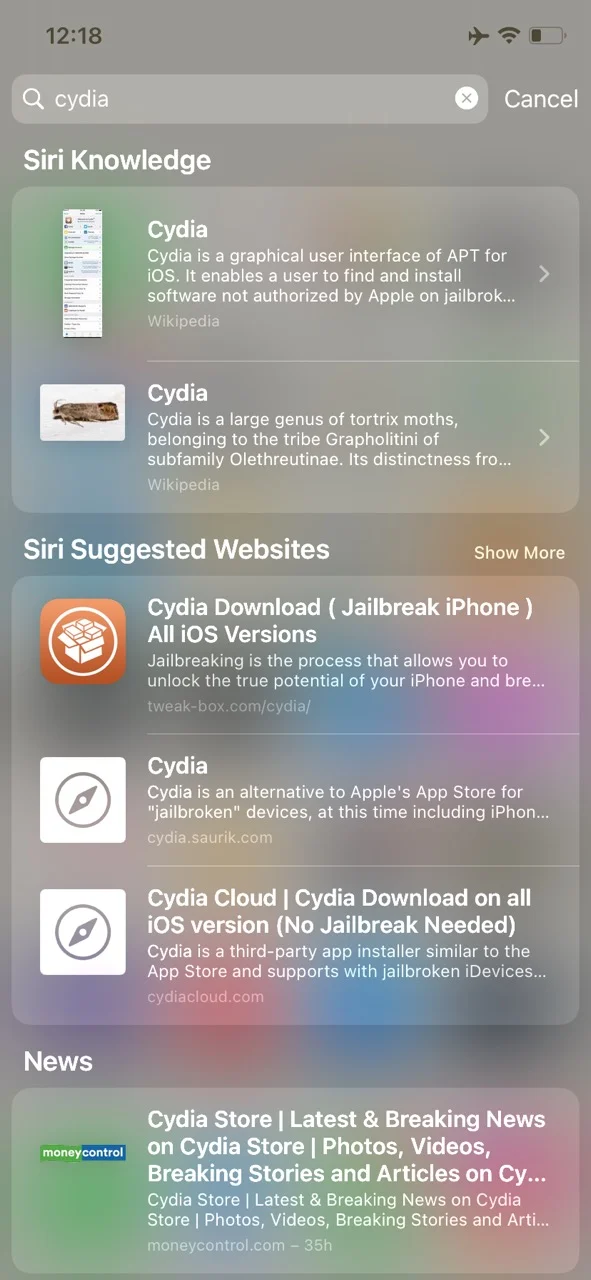 Spotlight 검색에서 cydia 앱 검색