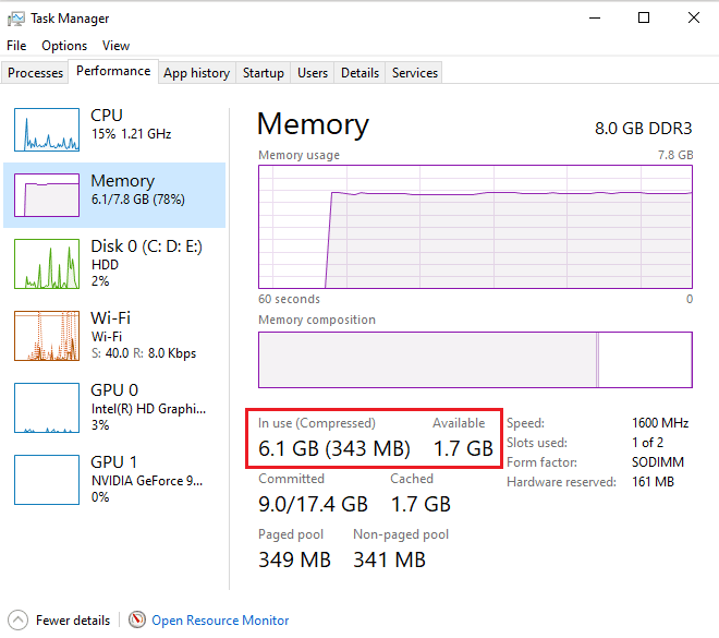 periksa ruang RAM yang Digunakan dan Tersedia di sistem Anda. bagaimana cara menambah memori PC saya