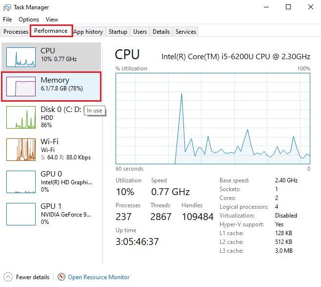 Klik pada tab Performance di bagian atas dan pilih Memory