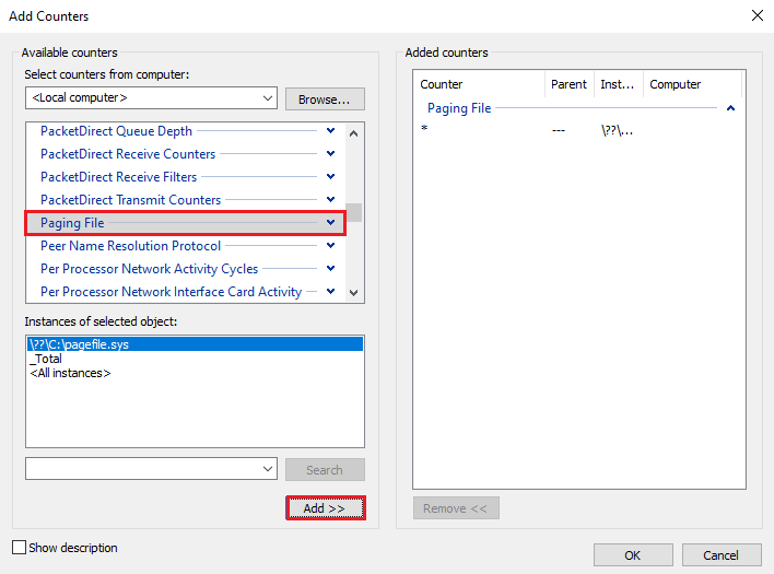 Pilih Paging File dari daftar dan klik Add