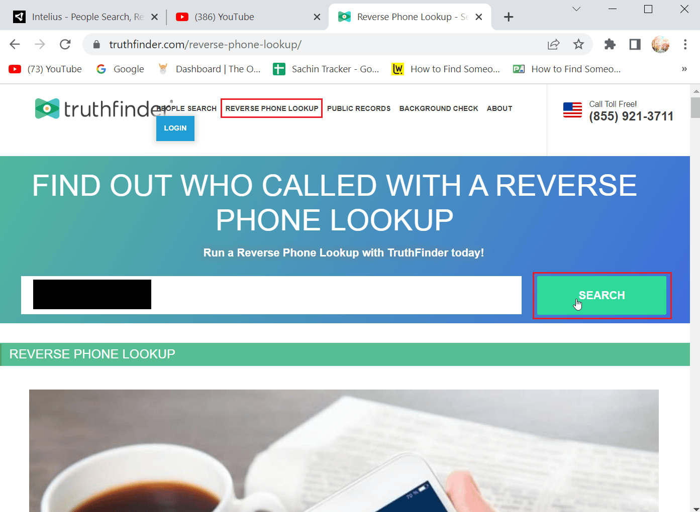 Klicken Sie auf Reverse Phone Lookup, geben Sie die Telefonnummer ein und klicken Sie auf Suchen