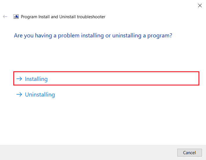 fare clic sull'opzione di installazione nello strumento di risoluzione dei problemi di installazione e disinstallazione del programma