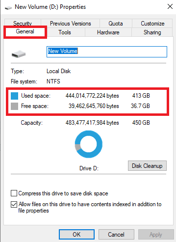 ใต้แท็บทั่วไป คุณจะเห็นข้อมูลพื้นที่ดิสก์
