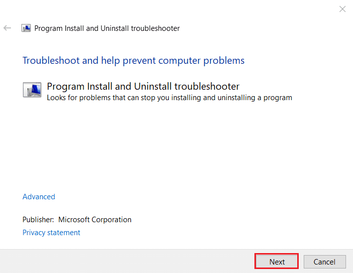 fare clic sul prossimo programma di installazione e disinstallazione dello strumento di risoluzione dei problemi. Come risolvere l'installazione di VirtualBox non riuscita in Windows 10