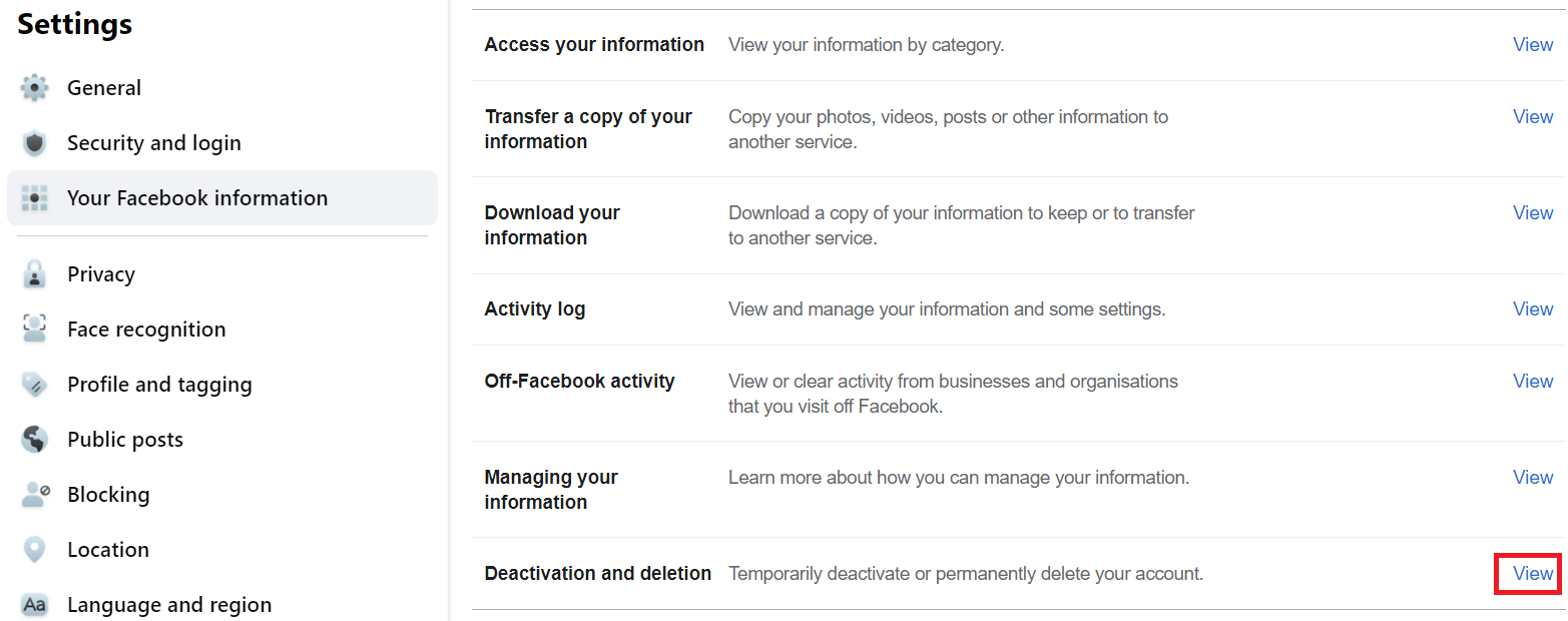 Cliquez sur Afficher à côté de l'option Désactivation et suppression | Pouvez-vous créer Instagram sans Facebook ?