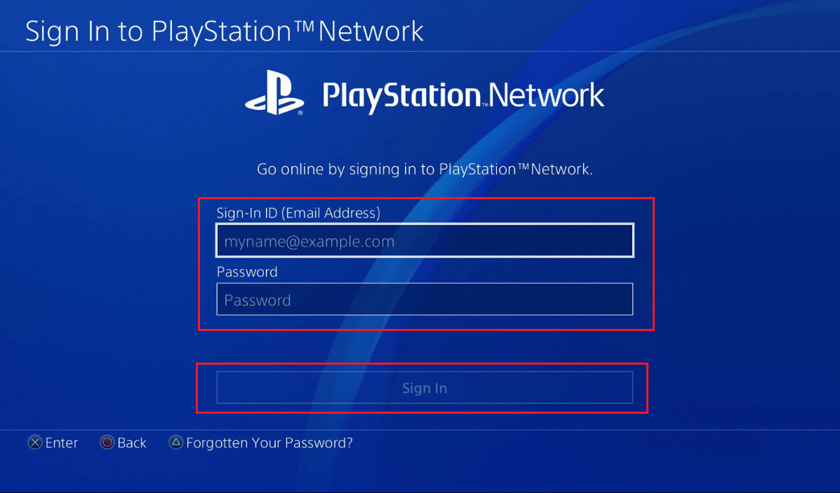 Di PS4 Anda, masukkan email dan kata sandi Anda dan klik Masuk | verifikasi dua langkah di PS4