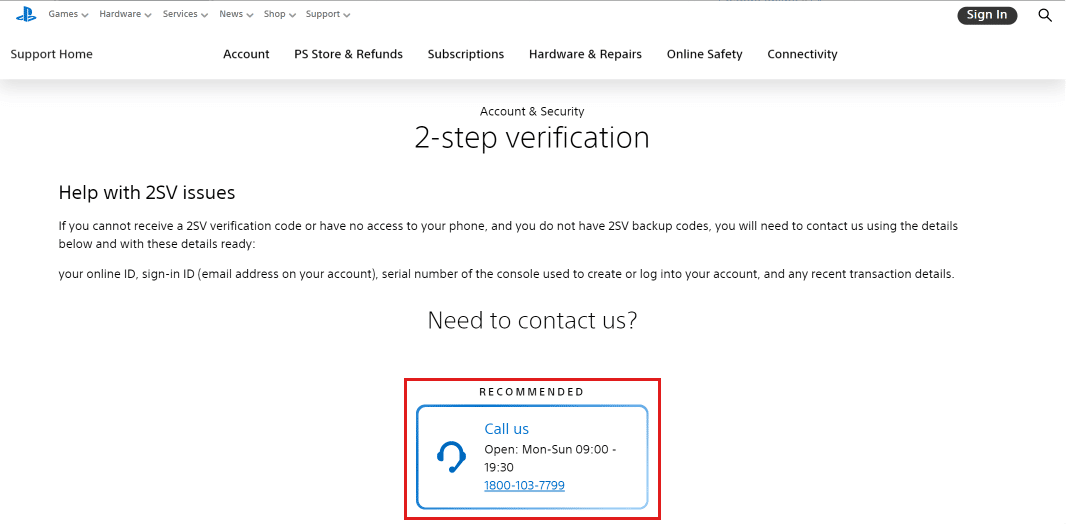 Faceți clic pe Sunați-ne sau sunați la numărul menționat în meniul de dialog. | verificare în doi pași pe PS4
