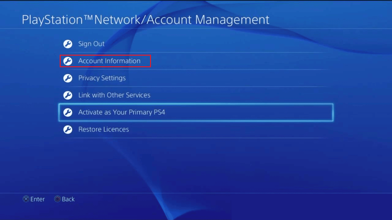 Seleziona Informazioni sull'account | Come modificare il numero di telefono su PS4 | verifica in due passaggi su PS4