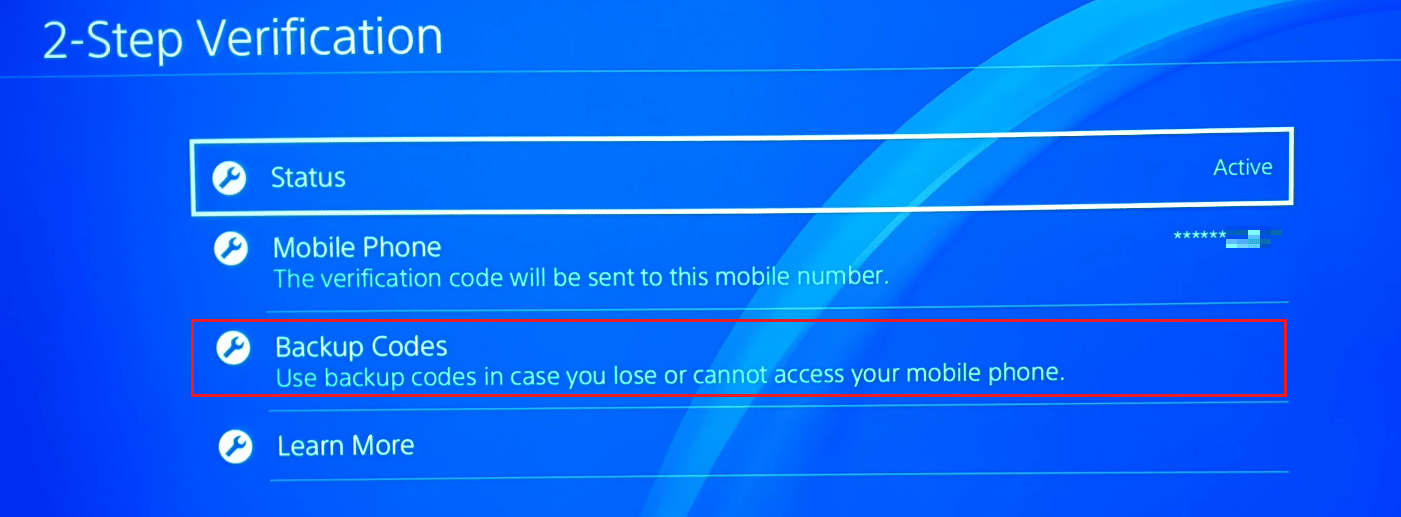 Wählen Sie Bestätigung in zwei Schritten – Backup-Codes | So ändern Sie die Telefonnummer auf PS4