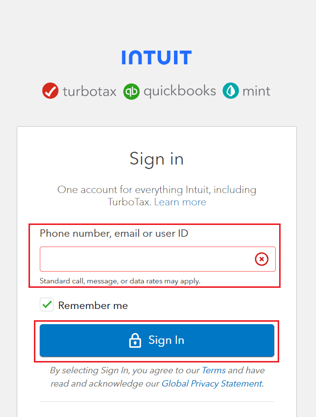 หน้าเข้าสู่ระบบ TurboTax - อีเมล ID ผู้ใช้หรือหมายเลขโทรศัพท์ - รหัสยืนยัน - ลงชื่อเข้าใช้