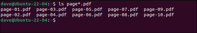 ใช้ ls เพื่อแสดงรายการไฟล์ PDF ที่มีหมายเลข