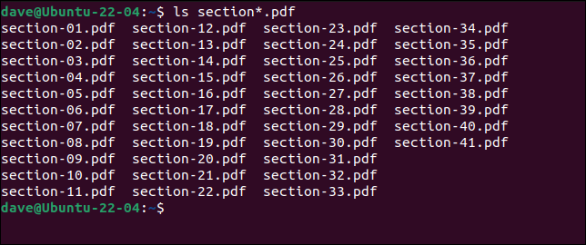 ใช้ ls เพื่อแสดงรายการไฟล์ PDF ที่มีหมายเลข
