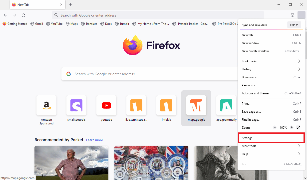 Găsiți și faceți clic pe Setări. Remediați Plugin Container pentru Firefox nu funcționează