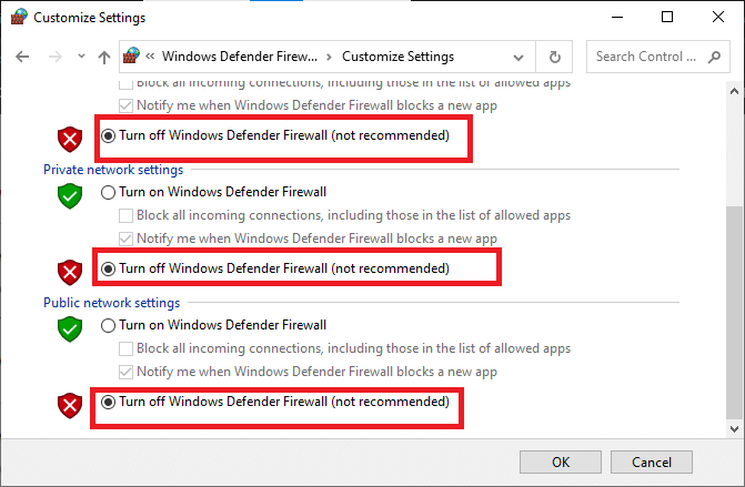 Desativar o Firewall do Windows Defender não recomendado