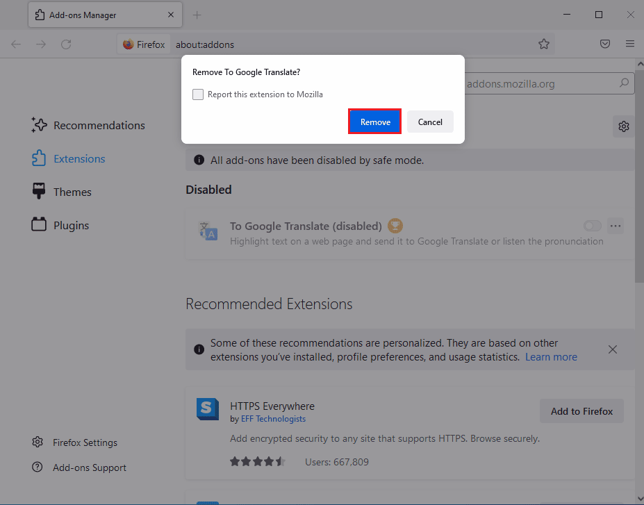 Clique no botão Remover. Corrigir o contêiner de plug-in para o Firefox não está funcionando