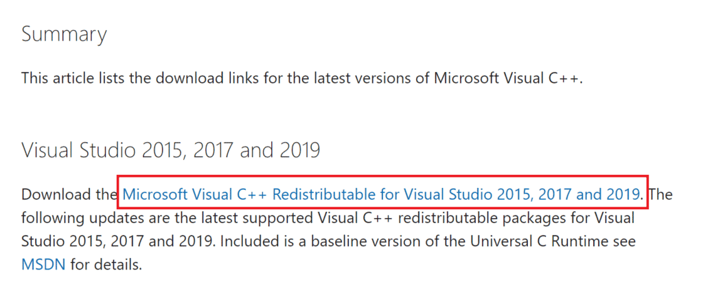下載 Microsoft Visual C plus plus 可再發行頁面。修復 Windows 10 中的安裝錯誤 OBS