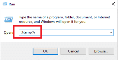 tastați temp în caseta de dialog Run. Remediați eroarea de instalare OBS în Windows 10