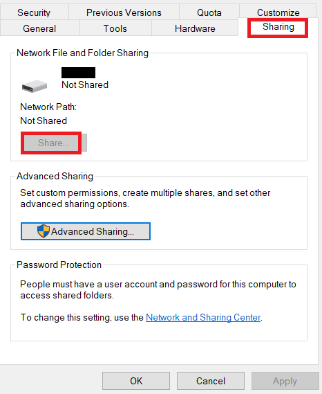Navegue até a guia Compartilhamento e clique no botão Compartilhar.... Corrigir erro de instalação OBS no Windows 10