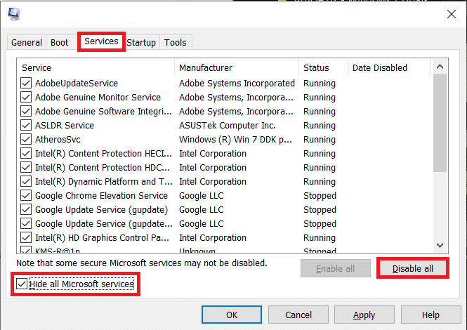 すべての Microsoft サービスを非表示にして、[すべて無効にする] をクリックします。 Windows 10 でのインストール エラー OBS の修正