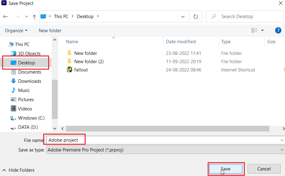 projeyi kaydetmek için kaydet'e tıklayın. Windows 10'da Premiere Pro Hata Kodu 3'ü Düzeltin