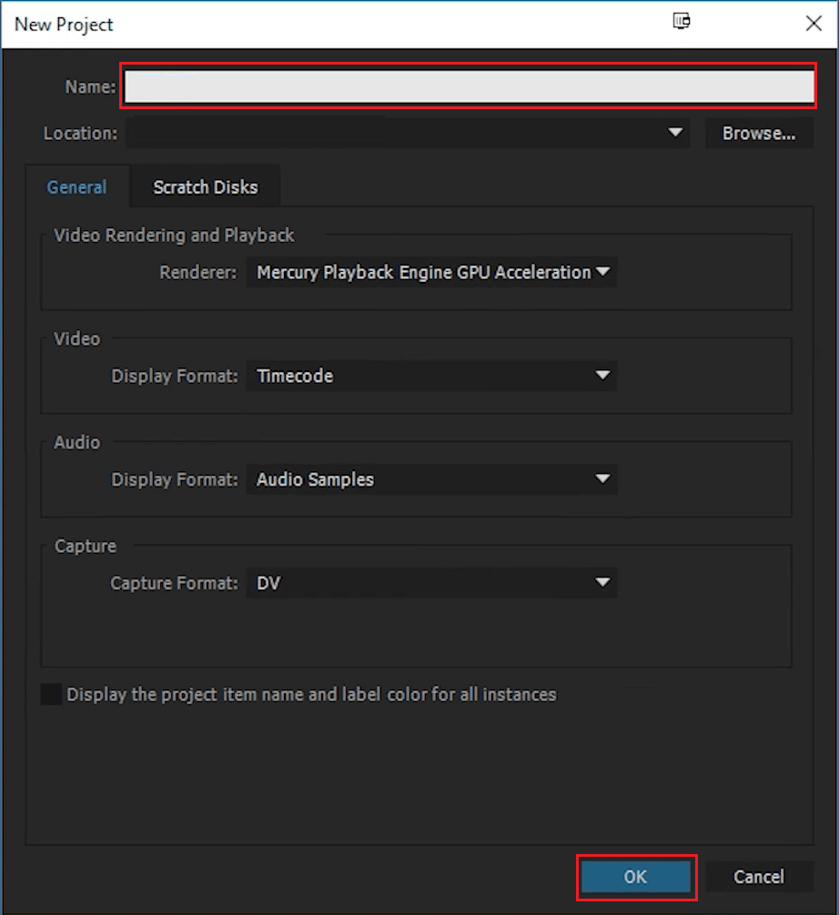 Beri nama proyek dan klik OK. Perbaiki Kode Kesalahan Premiere Pro 3 di Windows 10