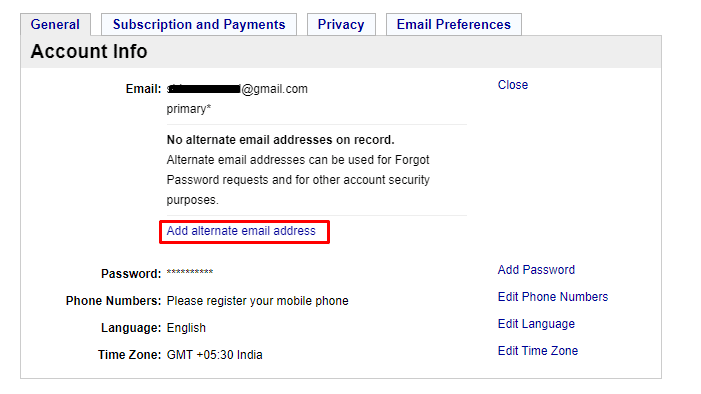 Ensuite, ajoutez une option d'adresse e-mail alternative pour changer votre adresse e-mail en une adresse e-mail déverrouillée.