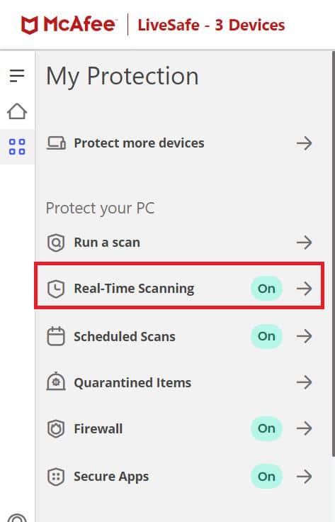 Para ver las opciones de antivirus, haga clic en el enlace Escaneo en tiempo real.