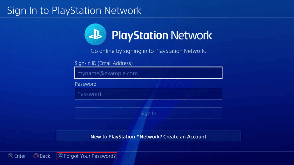 seleziona l'opzione Password dimenticata dal basso premendo il pulsante triangolo sul controller PS4 | esci dal tuo account PlayStation