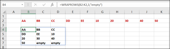 تعمل WRAPROWS في Excel