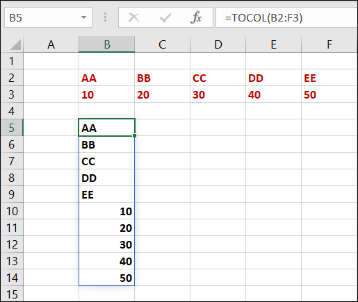 Funzione TOCOL in Excel