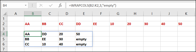 Excel 中的 WRAPCOLS 函數