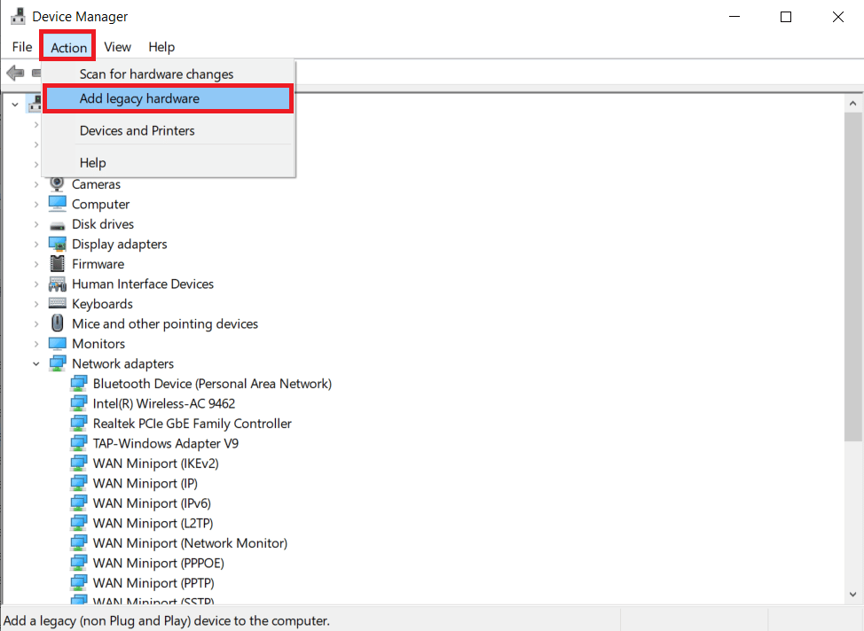 Klik Action dan pilih Add legacy hardware dari menu