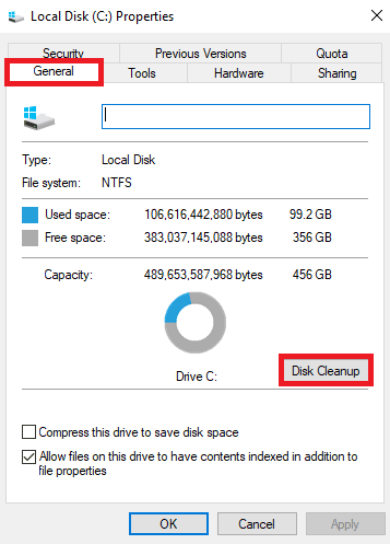 ภายใต้แท็บ General ค้นหาและคลิกที่ Disk Cleanup แก้ไขข้อผิดพลาด Steam 53 ใน Windows 10