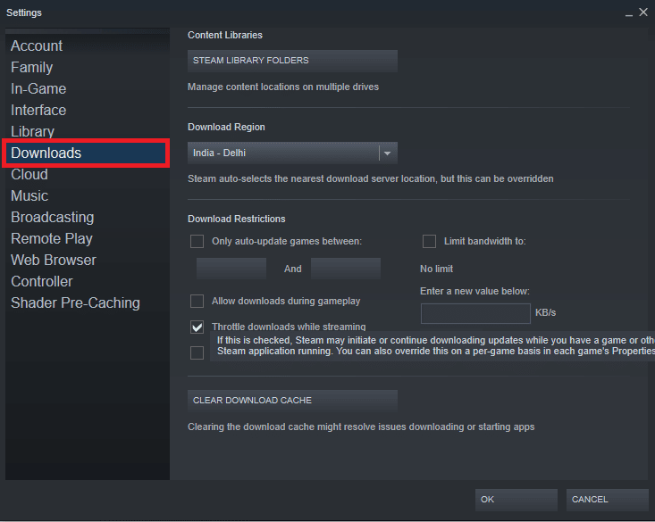 Di jendela Pengaturan, klik opsi Unduhan. Perbaiki Steam Error 53 di Windows 10