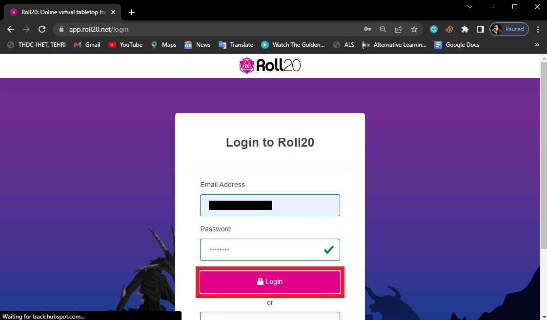 在登錄頁面上輸入您的 Roll22 帳戶憑據，然後單擊登錄。修復 Roll20 高級戰爭迷霧不起作用