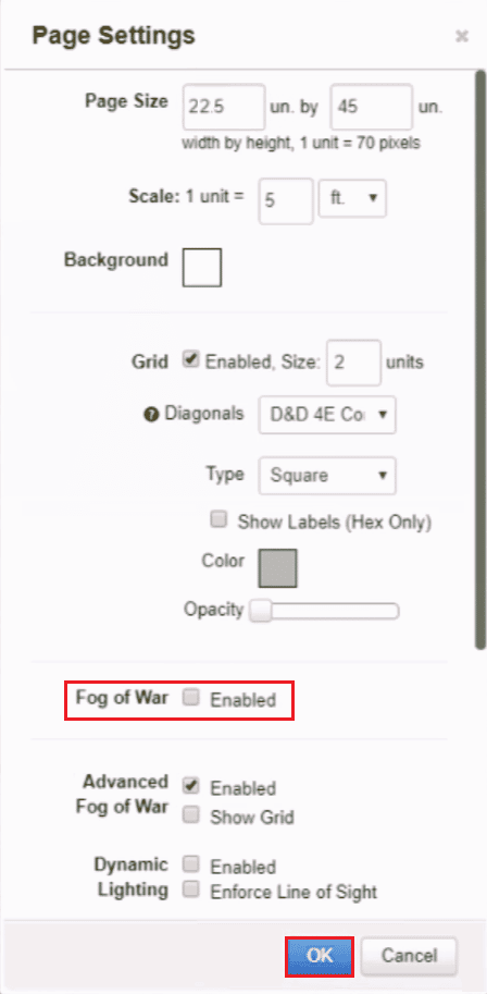 ยกเลิกการเลือกตัวเลือกที่เปิดใช้งานของ Fog of war