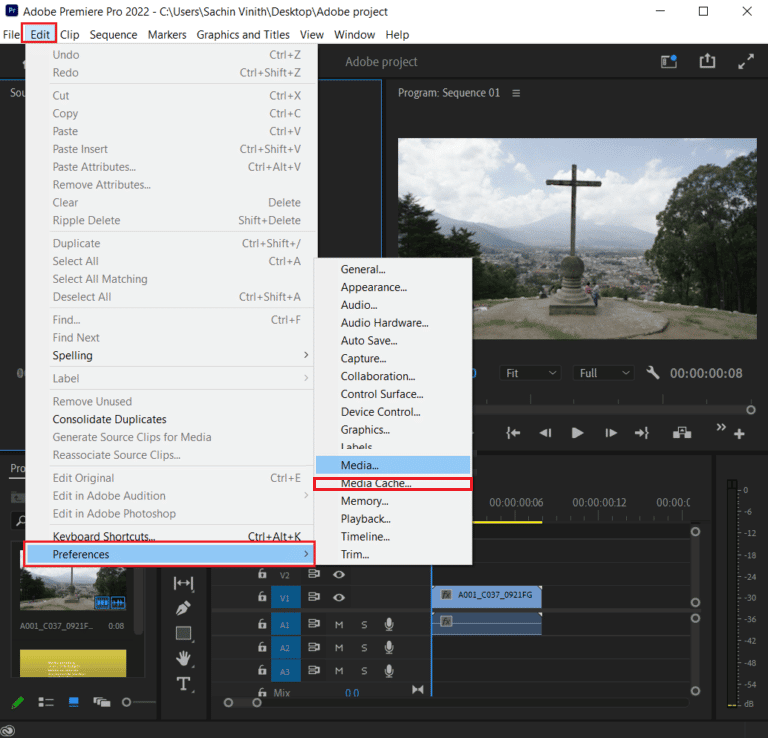 deschideți cache media în preferințe adobe premiere pro