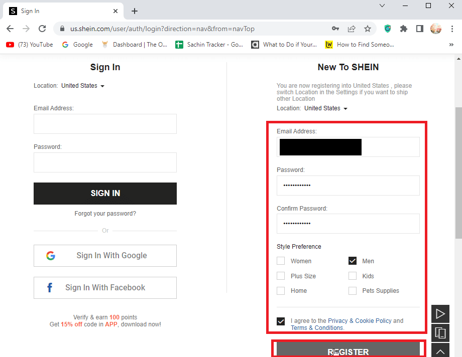 wprowadź dane do założenia konta i kliknij zarejestruj się. Jak zdobyć kupon na bezpłatną wersję próbną SHEIN?