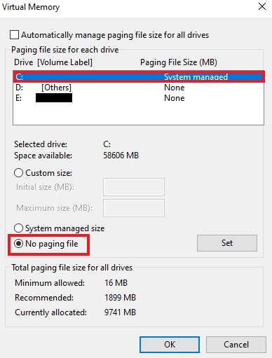 เลือกไดรฟ์ที่คุณต้องการปิดใช้งาน Pagefile.sys และเลือก No paging file