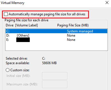 deseleziona la casella per Gestisci automaticamente le dimensioni del file di paging per tutte le unità. Che cosa sono gli errori difficili al secondo? Come sistemarlo