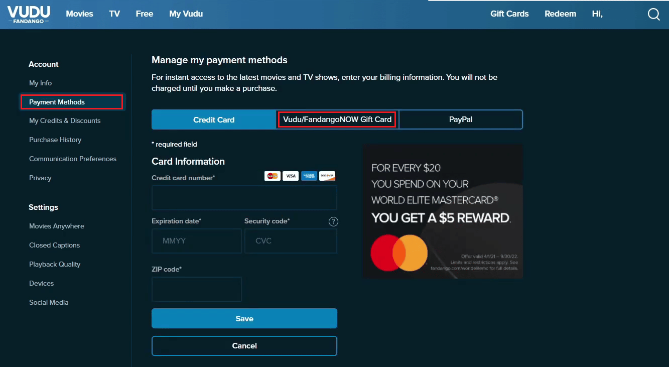 clique em Formas de pagamento - Vudu/FandangoNOW Gift Card