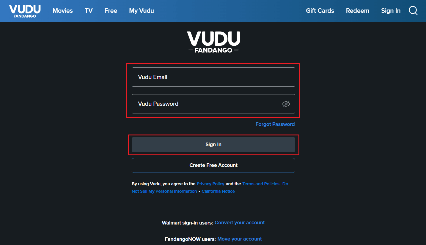 Masukkan Email dan Kata Sandi Vudu Anda dan klik Masuk