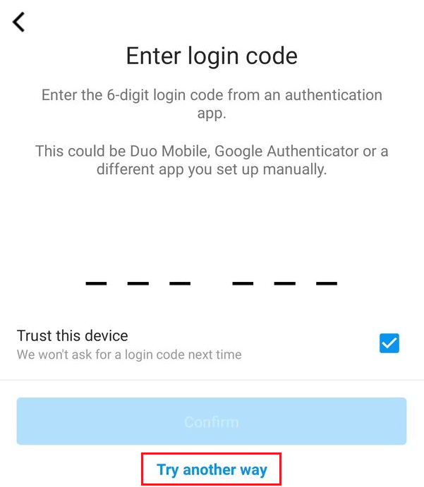 ログインコードの入力画面から、別の方法を試すをタップします