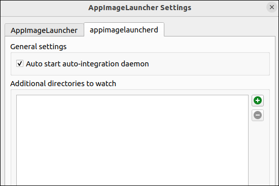 Die appimagelauncherd-Registerkarte der AppImageLauncher-Anwendung