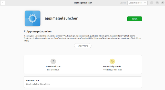 在 Ubuntu 软件程序中打开的 AppImageLauncher DEB 文件