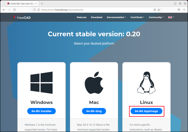 La pagina di download di FreeCAD