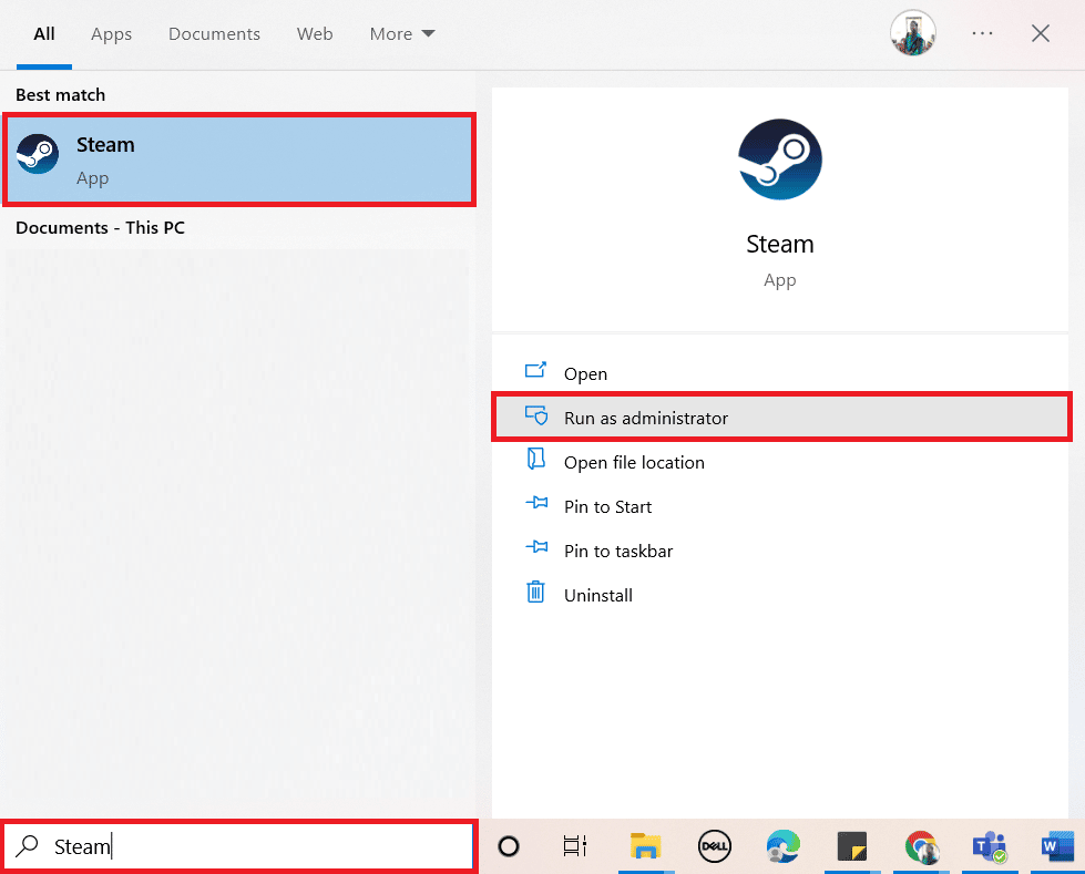 Aperte a tecla Windows. Digite Steam e clique em Executar como administrador