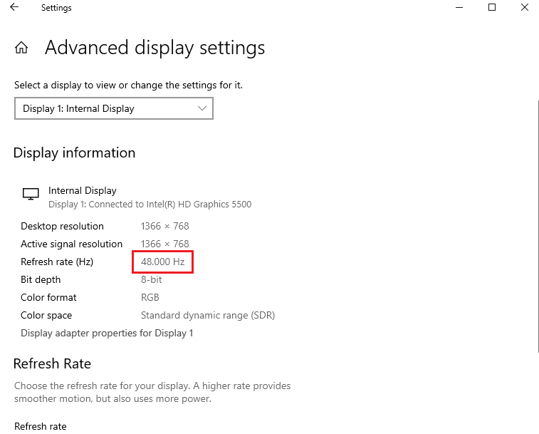 คุณสามารถค้นหาอัตราการรีเฟรช Hz ได้ในส่วนข้อมูลการแสดงผล